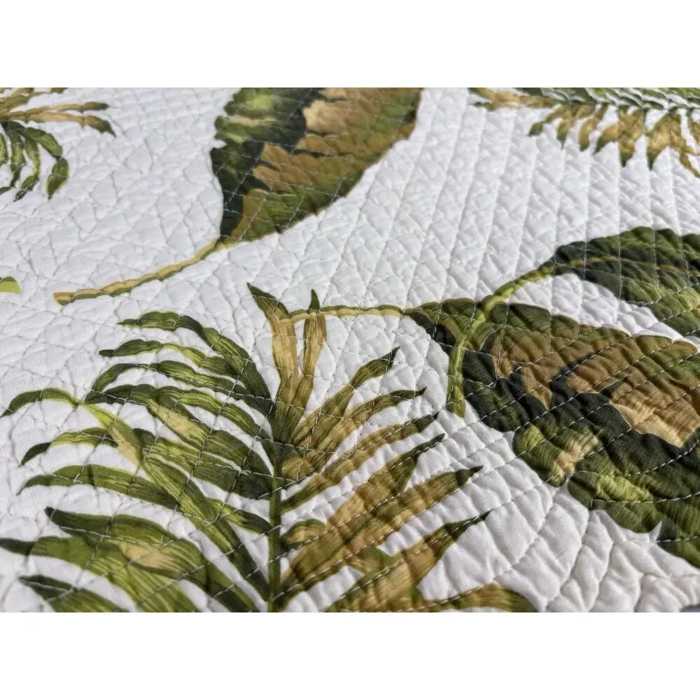 Tropical Leaf and Striped Reversible Quilted Table Runner Scalloped Edge 14x 53